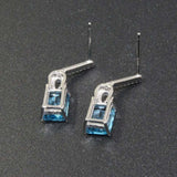 2ct Drop Earrings Emerald Cut Blue Topaz Vertical Bar 14k White Gold Finish