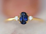 1ct Engagement Ring Oval Cut Blue Sapphire Three Stone 14k Yellow Gold Finish