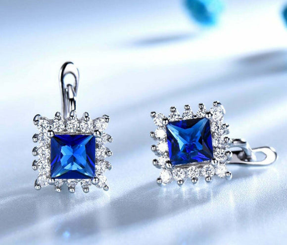 2.3ct Drop Earrings Princess Cut Blue Sapphire Halo Floral 14k White Gold Finish