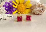 1ct Princess Cut Pink Ruby Solitaire Women Stud Earrings 14k Yellow Gold Finish