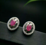 2ct Stud Earrings Oval Cut Pink Ruby Stylish Halo 14k White Gold Finish