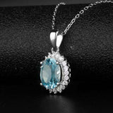 2.3ct Blue Topaz Pendant Chain Oval Cut Diamond Floral Halo 14k WhiteGold Finish