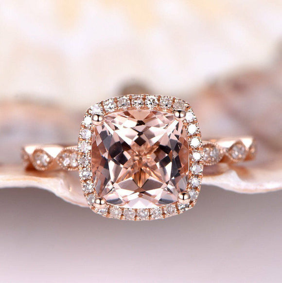 2ct Cushion Cut Peach Morganite Halo Solitaire Engagement Ring 14k RoseGold Over