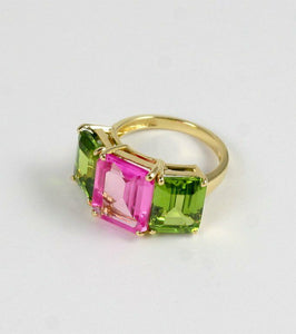 4Ct Emerald Cut Pink Sapphire Peridot Three Stone Ring 14K Yellow Gold Finish