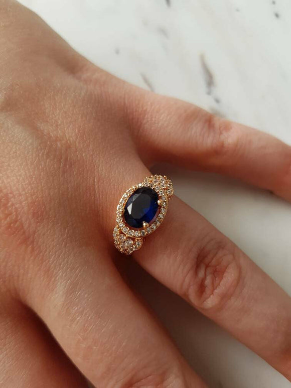 2Ct Oval Cut Blue Sapphire Diamond Vintage Engagement Ring 14K Rose Gold Finish