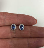 1.45ct Oval Cut Blue Sapphire Diamond Halo Stud Earrings 14k White Gold Finish