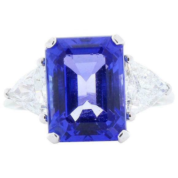 4.2ct Emerald Cut Blue Sapphire Engagement Ring Trilogy 14k White Gold Finish