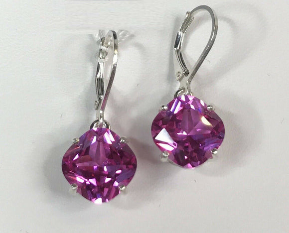 2ct Dangle Earrings Cushion Pink Sapphire Solitaire LeverBack 14k WhiteGold Over