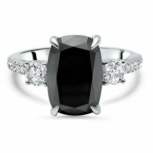 4Ct Elongated Cushion Black Diamond Accents Solitaire Ring 14K White Gold Finish