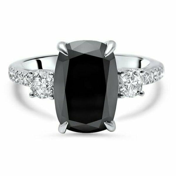 4Ct Elongated Cushion Black Diamond Accents Solitaire Ring 14K White Gold Finish