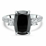 4Ct Elongated Cushion Black Diamond Accents Solitaire Ring 14K White Gold Finish