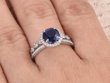 2ct Round Cut Blue Sapphire Engagement Ring Halo Bridal Set 14k WhiteGold Finish