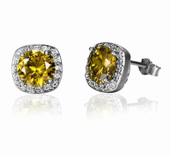 2ct Stud Earrings Round Cut Yellow Citrine Diamond Halo 14k White Gold Finish