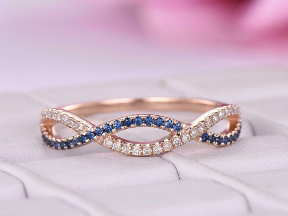 1ct Round Cut Blue Sapphire Wedding Band Ring Half Eternity 14k Rose Gold Finish