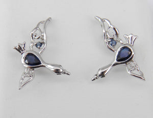 1.5ct Pear Cut Blue Sapphire Duck Geese Swan Stud Earrings 14k White Gold Finish