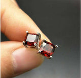 2ct Stud Earrings Cushion Cut Red Garnet Solitaire Design 14k White Gold Finish