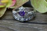 2ct Heart Purple Amethyst Engagement Ring Claddagh Bridal Set 14k WhiteGold Over