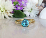 1.2ct Engagement Ring Round Cut Blue Topaz 4 Prong Solitaire 14k YellowGold Over