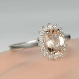 1ct Oval Cut Peach Morganite Flower Design Engagement Ring 14k White Gold Finish