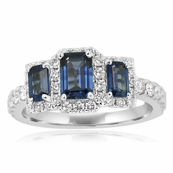 2ct Emerald Cut Blue Sapphire Engagement Ring Diamond Halo 14k White Gold Finish