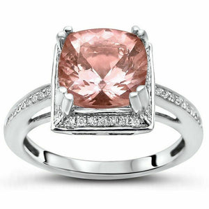 4Ct Cushion Cut Peach Morganite Engagement Ring 14K White Gold Over Diamond Halo