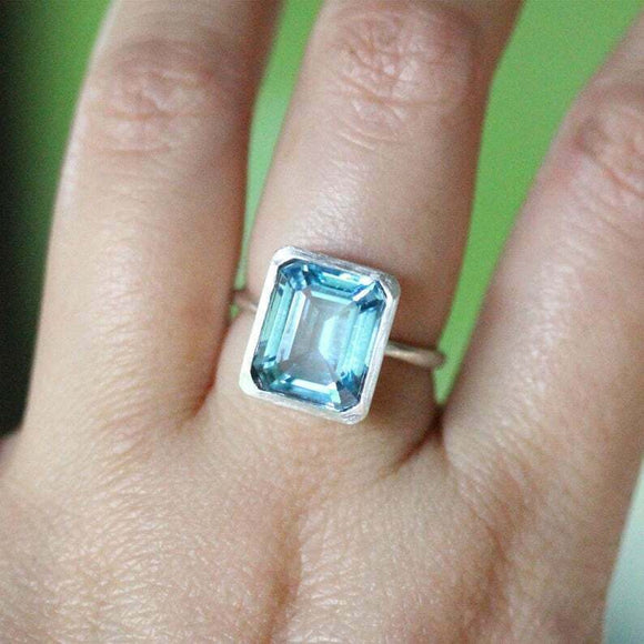 4ct Emerald Cut Blue Aquamarine Engagement Ring Solitaire 14k White Gold Finish