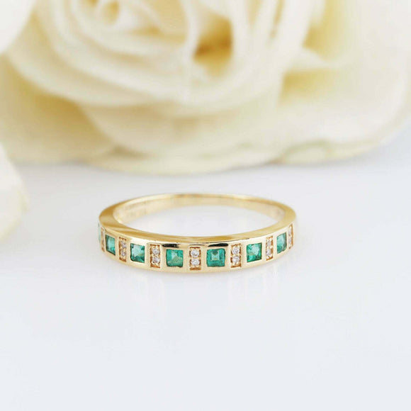 1ct Princess Cut Green Emerald Half Eternity Stackable Band 14k Yellow Gold Over