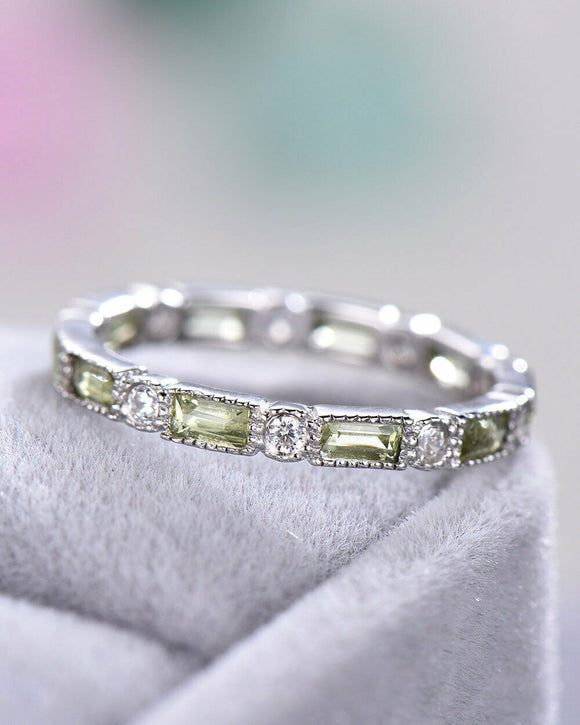 3Ct Baguette Cut Green Peridot Diamond Eternity Wedding Band 14K White Gold Over