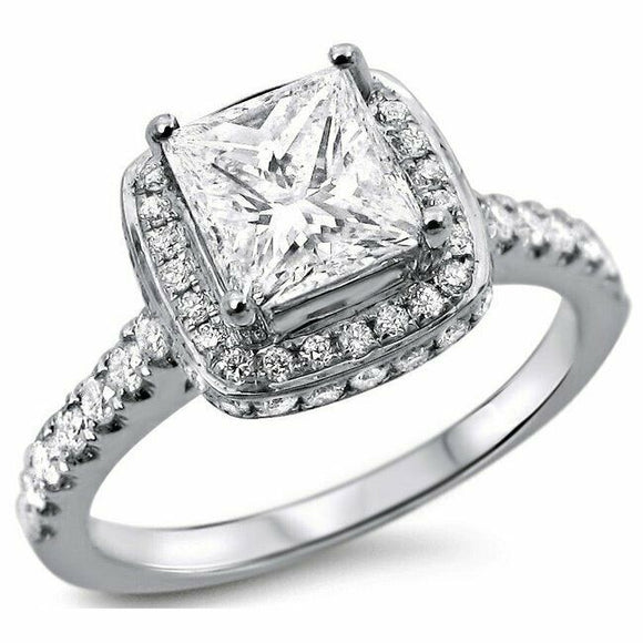 4Ct Princess Cut VVS1/D Diamond Royal Halo Engagement Ring 14K White Gold Finish