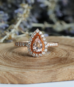 2ct Pear Cut Peach Morganite Engagement Ring 14k Rose Gold Finish Halo Teardrop