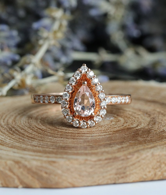 2ct Pear Cut Peach Morganite Engagement Ring 14k Rose Gold Finish Halo Teardrop