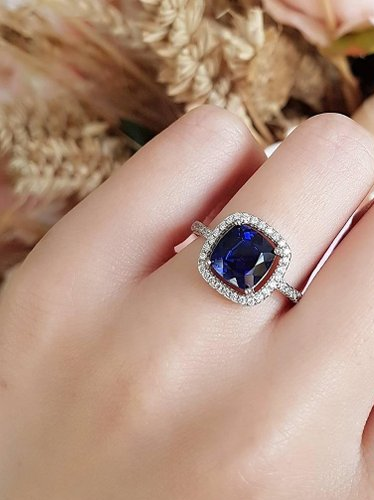 2ct Cushion Brilliant Cut Blue Sapphire Engagement Ring 14k White Gold Over Halo