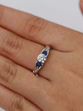 Sapphire Accents Trilogy Engagement Ring 1.4ct Round Diamond 14k White Gold Over