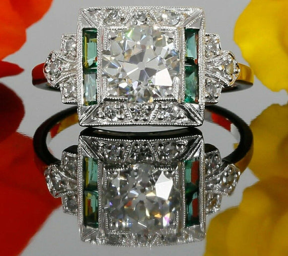 1.5ct Round Cut Diamond Emerald Art Deco Engagement Ring 18k White Gold Finish