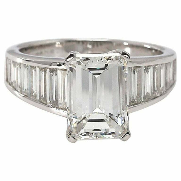 4ct Emerald Cut Diamond Solitaire Step Baguette Accent Ring 14k WhiteGold Finish