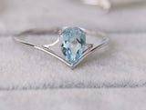 0.5ct Pear Cut Blue Aquamarine Wedding Band V Shape Curved 14k White Gold Finish