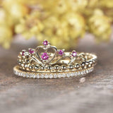 1ct Round Cut Pink Sapphire Engagement Ring Crown Bridal Set 14k YellowGold Over