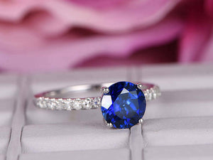 1Ct Round Blue Sapphire Diamond Solitaire Engagement Ring 14K White Gold Finish