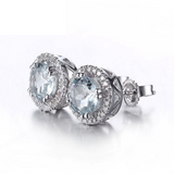 2ct Round Cut Blue Aquamarine Halo Diamond Stud Earrings 14k White Gold Finish