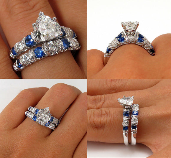 6Ct Heart Cut Diamond Blue Sapphire Bridal Set Vintage Ring 14K White Gold Over