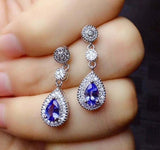 2.8ct Drop Earrings Pear Cut Blue Tanzanite Tear Drop Halo 14k White Gold Finish