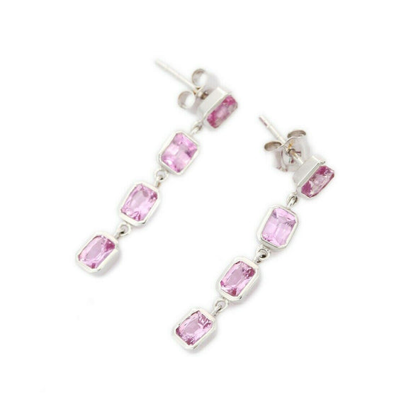 3.5ct Drop Earrings Emerald Cut Pink Sapphire Dangling 14k White Gold Finish