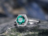 2Ct Round Cut Green Emerald Hexagon Shape Engagement Ring 14K White Gold Finish