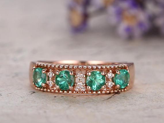 1.5ct Round Cut Green Emerald Half Eternity Milgrain Band 14k Rose Gold Finish