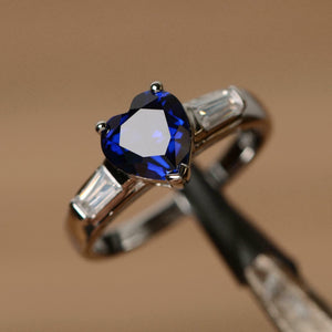 1.2ct Engagement Ring Heart Cut Blue Sapphire Three Stone 14k White Gold Finish