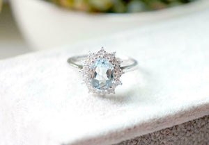 2ct Oval Blue Aquamarine Engagement Ring Halo 14k White Gold Finish Round Accent