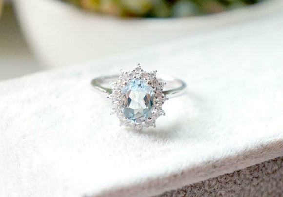 2ct Oval Blue Aquamarine Engagement Ring Halo 14k White Gold Finish Round Accent