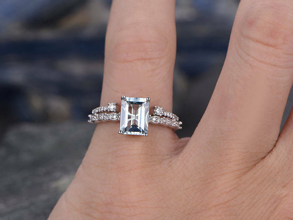 2.1Ct Emerald Cut Blue Aquamarine Bridal Set Engagement Ring 18K White Gold Over