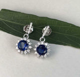 1.5ct Round Cut Blue Sapphire Diamond Floral Drop Earrings 14k White Gold Finish