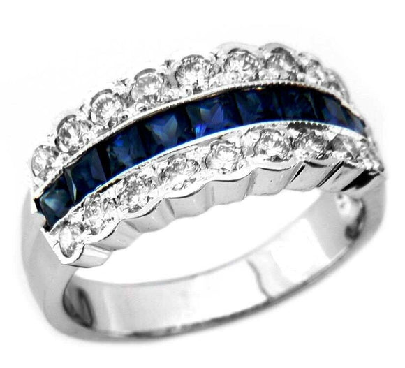 4Ct Princess Cut Blue Sapphire Diamond Vintage Wedding Band 14K White Gold Over